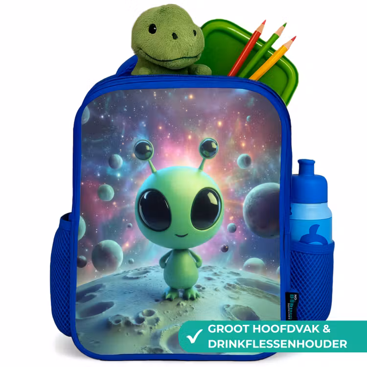 Kinderrugzak - Blauw - Groen alienfiguurtje op maanlandschap met kosmische achtergrond — 6