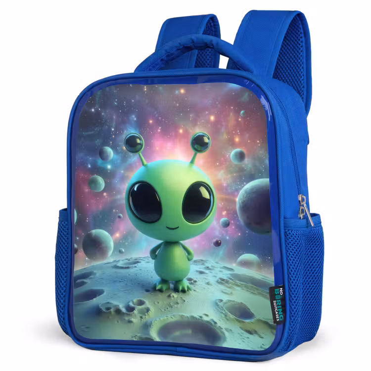 Kinderrugzak - Blauw - Groen alienfiguurtje op maanlandschap met kosmische achtergrond — 7