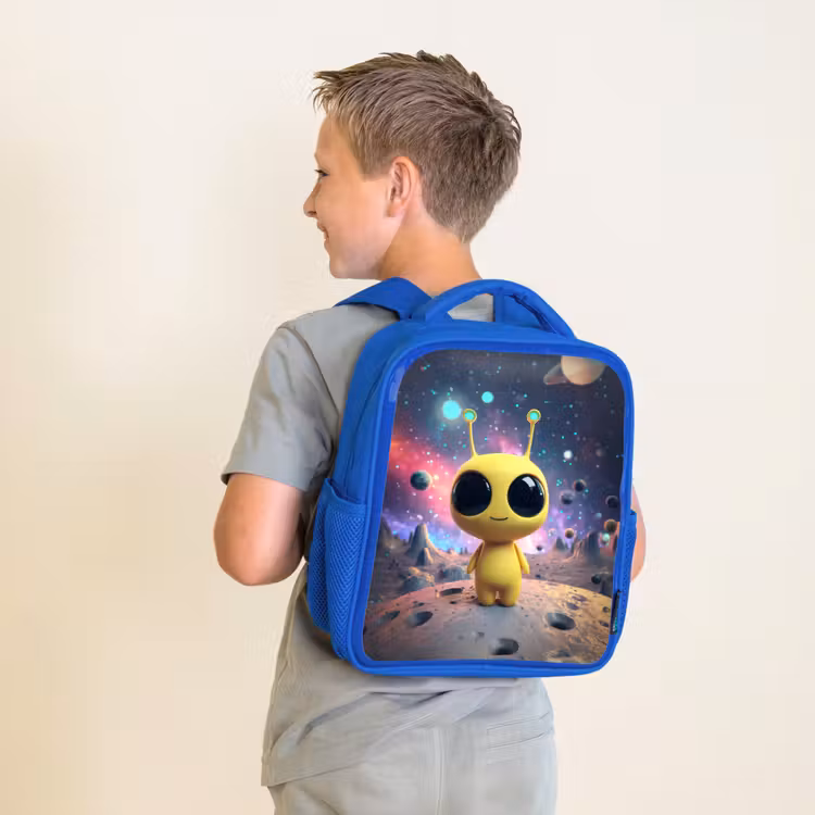 Kinderrugzak - Blauw - Gele ruimtewezentje met grote ogen op een kratermaan — 3