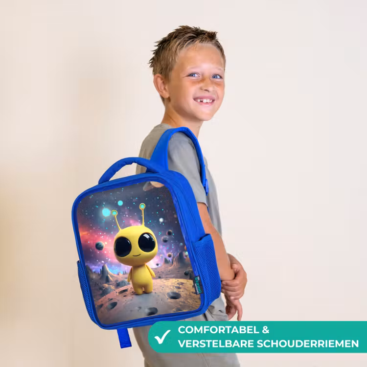 Kinderrugzak - Blauw - Gele ruimtewezentje met grote ogen op een kratermaan — 4