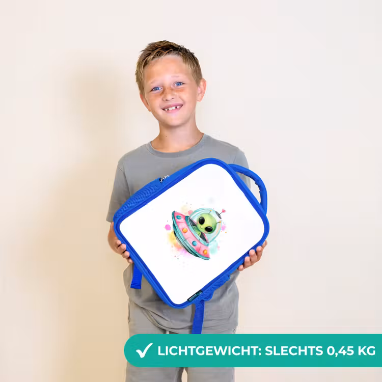 Kinderrugzak - Blauw - Vrolijke alien in kleurrijke vliegende schotel met aquarelspatten — 2