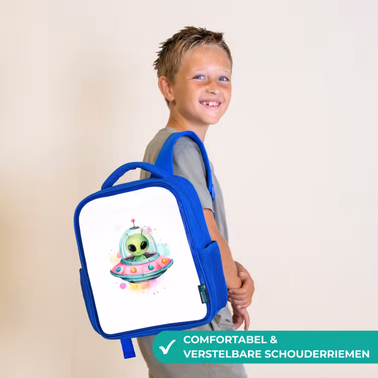 Kinderrugzak - Blauw - Vrolijke alien in kleurrijke vliegende schotel met aquarelspatten — 4