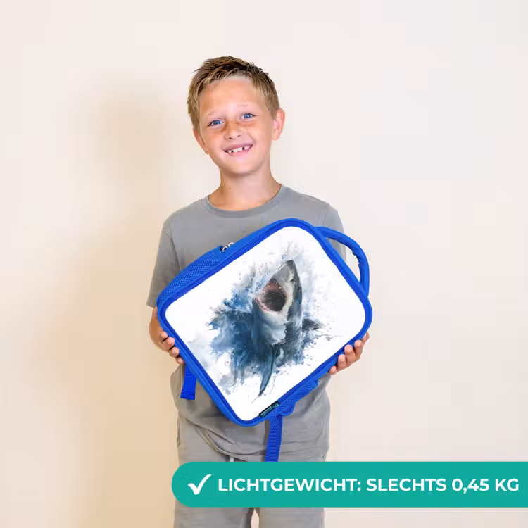 Kinderrugzak - Blauw - Uitspringende haai met opengesperde bek in aquarelstijl — 2