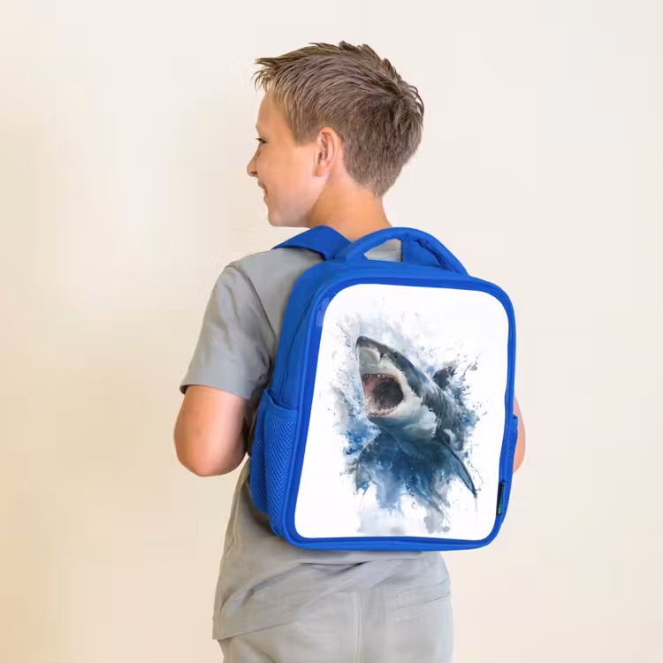 Kinderrugzak - Blauw - Uitspringende haai met opengesperde bek in aquarelstijl — 3