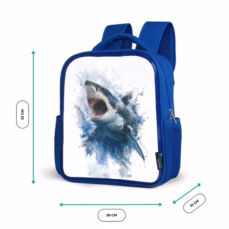 Kinderrugzak - Blauw - Uitspringende haai met opengesperde bek in aquarelstijl — 5