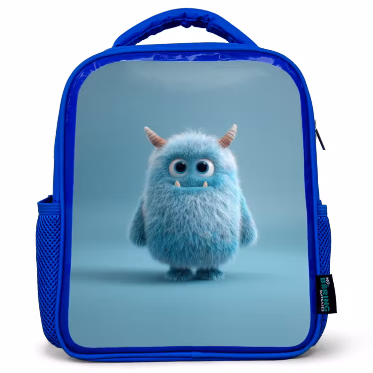 Kinderrugzak - Blauw - Zacht pluizig monster met hoorns en grote ogen — 1