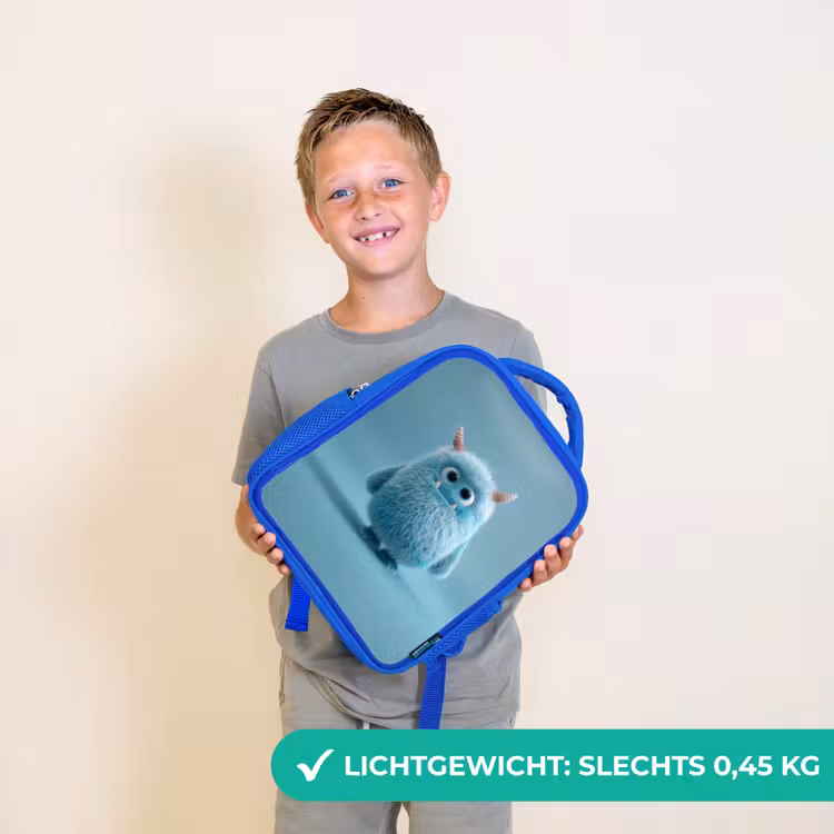 Kinderrugzak - Blauw - Zacht pluizig monster met hoorns en grote ogen — 2