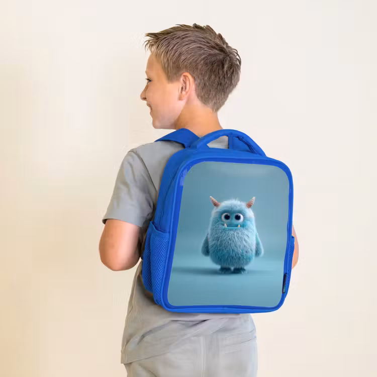 Kinderrugzak - Blauw - Zacht pluizig monster met hoorns en grote ogen — 3