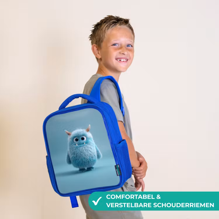 Kinderrugzak - Blauw - Zacht pluizig monster met hoorns en grote ogen — 4