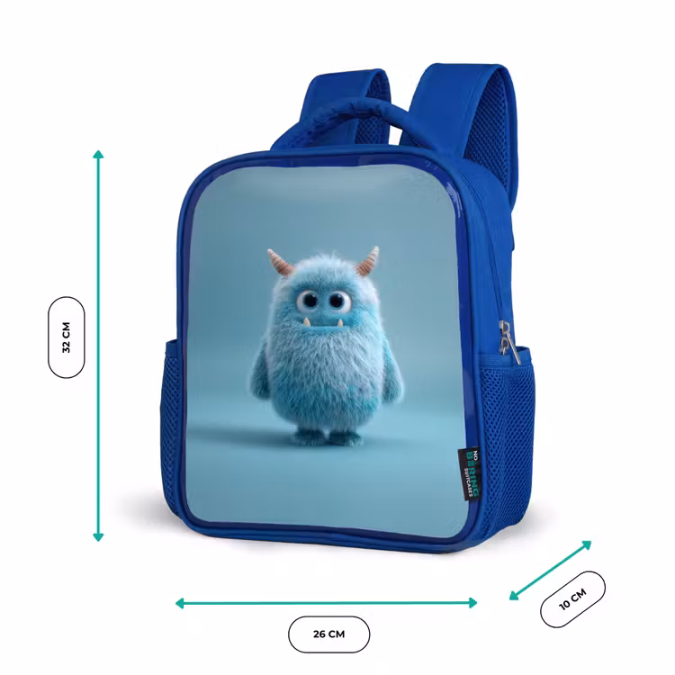 Kinderrugzak - Blauw - Zacht pluizig monster met hoorns en grote ogen — 5