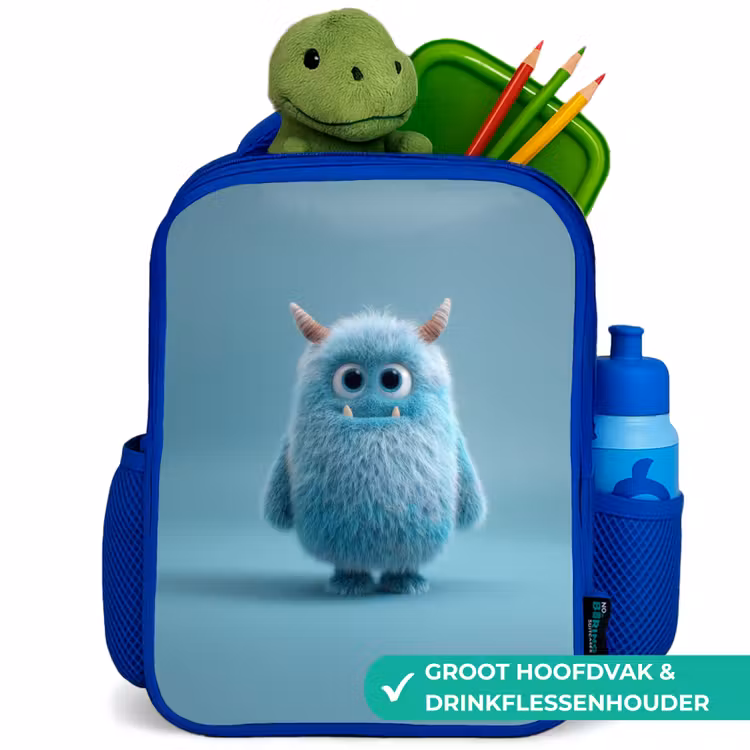 Kinderrugzak - Blauw - Zacht pluizig monster met hoorns en grote ogen — 6