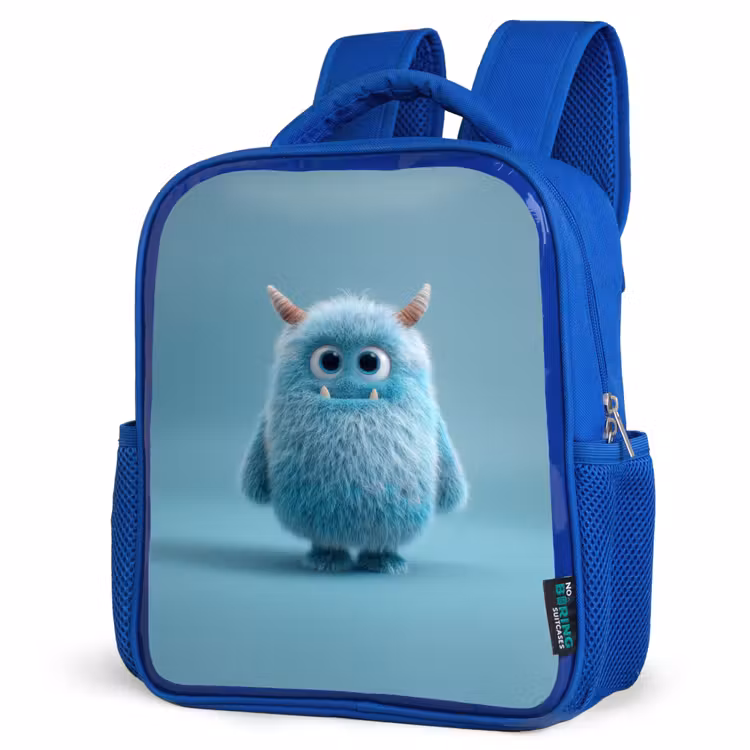 Kinderrugzak - Blauw - Zacht pluizig monster met hoorns en grote ogen — 7