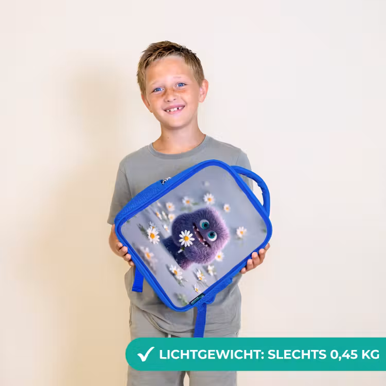 Kinderrugzak - Blauw - Lief paars pluismonster met madeliefje — 2