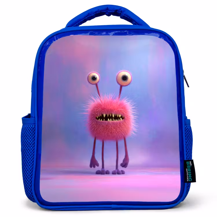 Kinderrugzak - Blauw - Pluizig roze monster met priemende ogen en scherpe tanden — 1