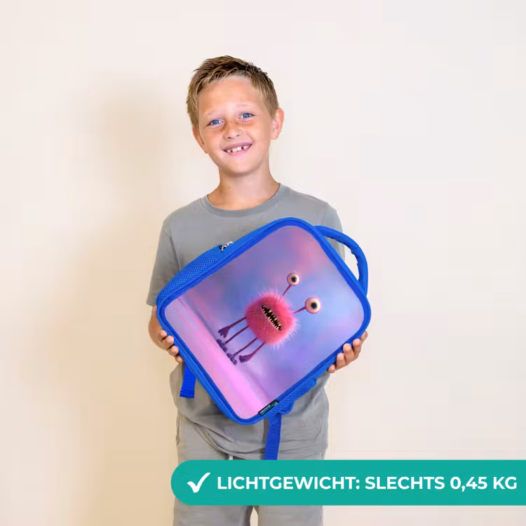 Kinderrugzak - Blauw - Pluizig roze monster met priemende ogen en scherpe tanden — 2