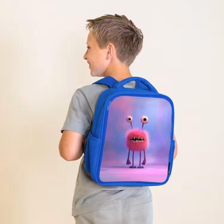 Kinderrugzak - Blauw - Pluizig roze monster met priemende ogen en scherpe tanden — 3