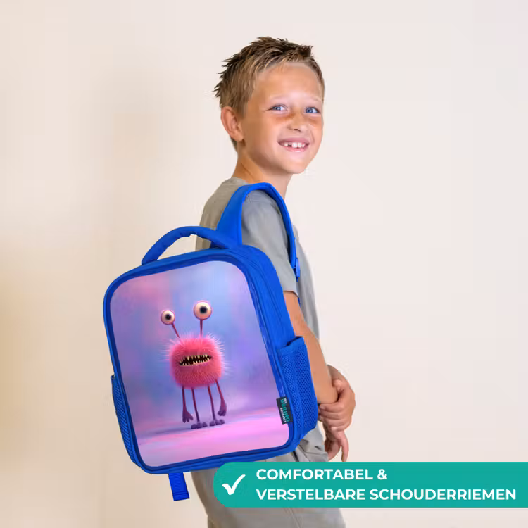 Kinderrugzak - Blauw - Pluizig roze monster met priemende ogen en scherpe tanden — 4