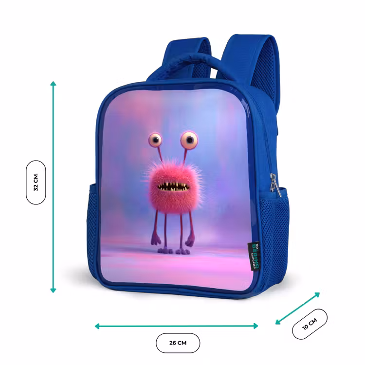 Kinderrugzak - Blauw - Pluizig roze monster met priemende ogen en scherpe tanden — 5