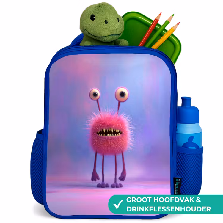 Kinderrugzak - Blauw - Pluizig roze monster met priemende ogen en scherpe tanden — 6