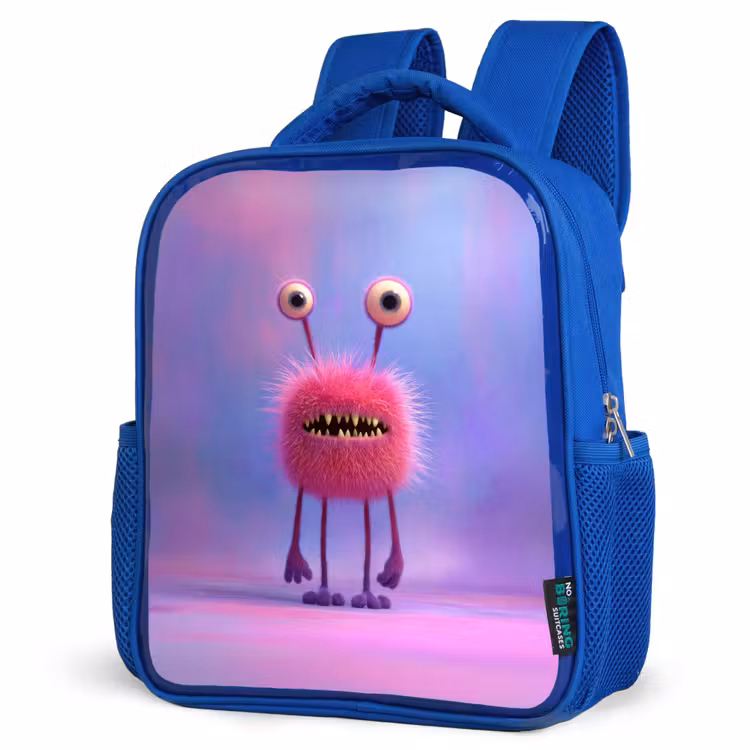 Kinderrugzak - Blauw - Pluizig roze monster met priemende ogen en scherpe tanden — 7