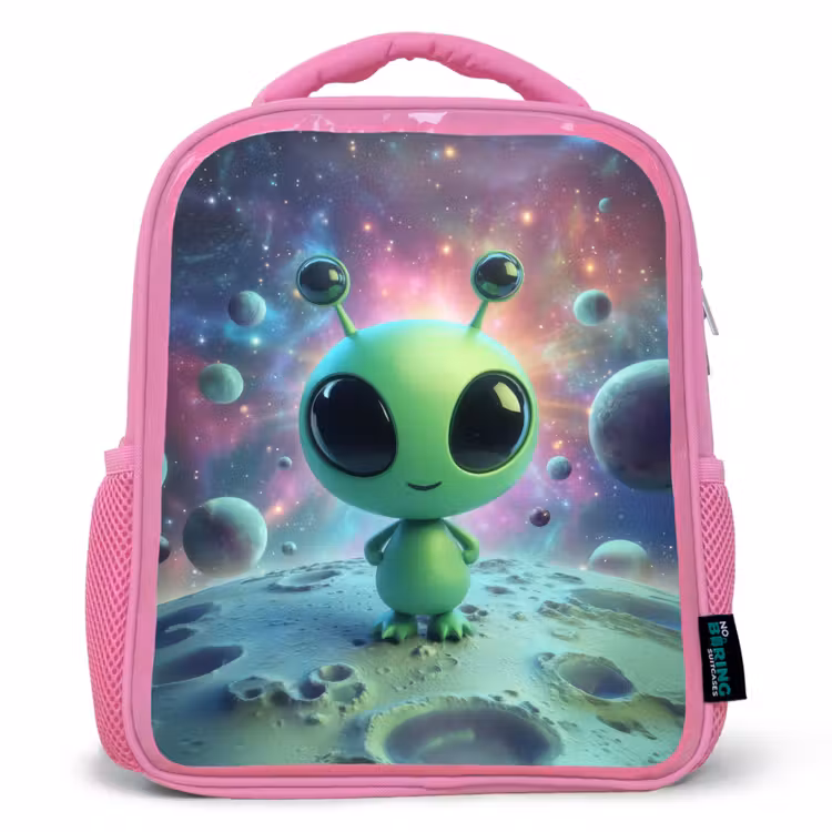 Kinderrugzak - Roze - Groen alienfiguurtje op maanlandschap met kosmische achtergrond β 1