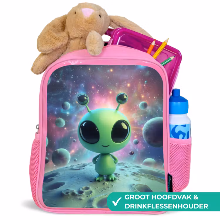 Kinderrugzak - Roze - Groen alienfiguurtje op maanlandschap met kosmische achtergrond β 2