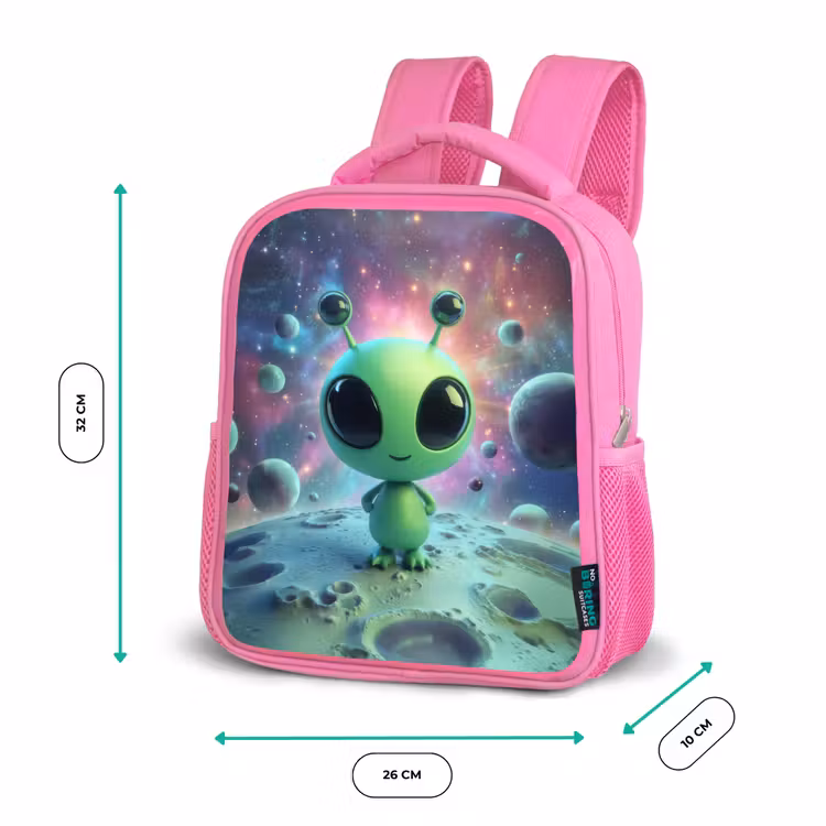 Kinderrugzak - Roze - Groen alienfiguurtje op maanlandschap met kosmische achtergrond β 3