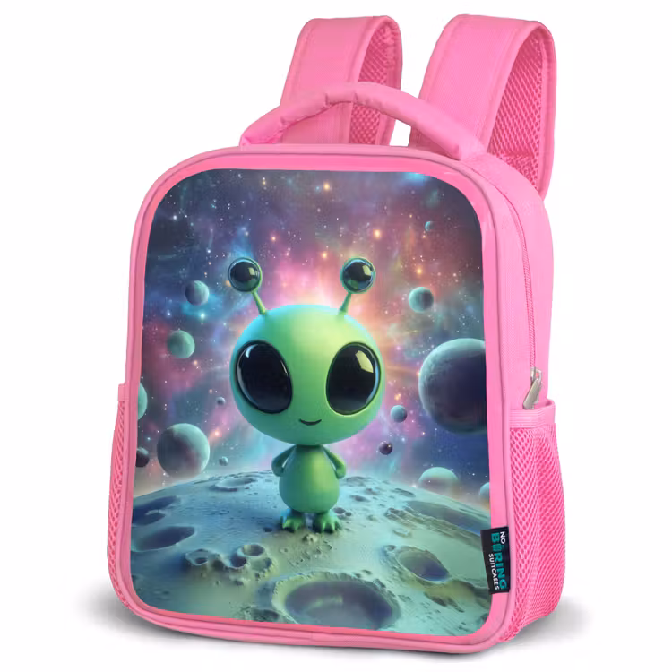 Kinderrugzak - Roze - Groen alienfiguurtje op maanlandschap met kosmische achtergrond β 4