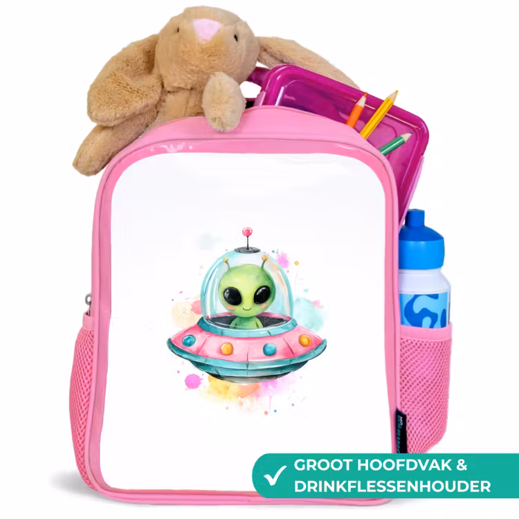 Kinderrugzak - Roze - Vrolijke alien in kleurrijke vliegende schotel met aquarelspatten — 2