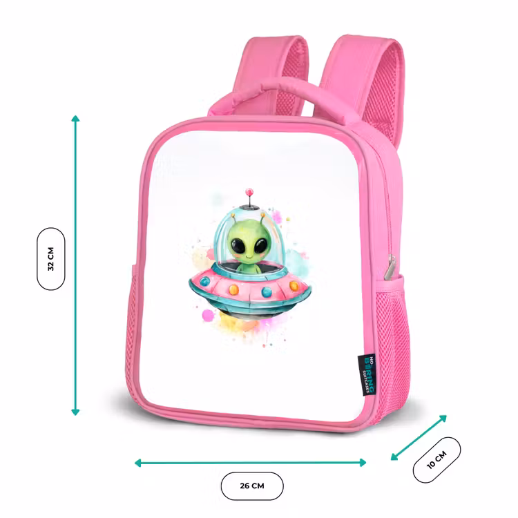 Kinderrugzak - Roze - Vrolijke alien in kleurrijke vliegende schotel met aquarelspatten — 3