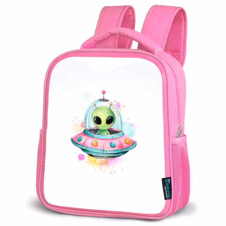 Kinderrugzak - Roze - Vrolijke alien in kleurrijke vliegende schotel met aquarelspatten — 4