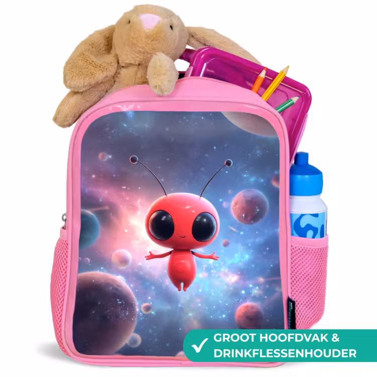 Kinderrugzak - Roze - Rood buitenaards wezentje zwevend in kleurrijke kosmos β 2