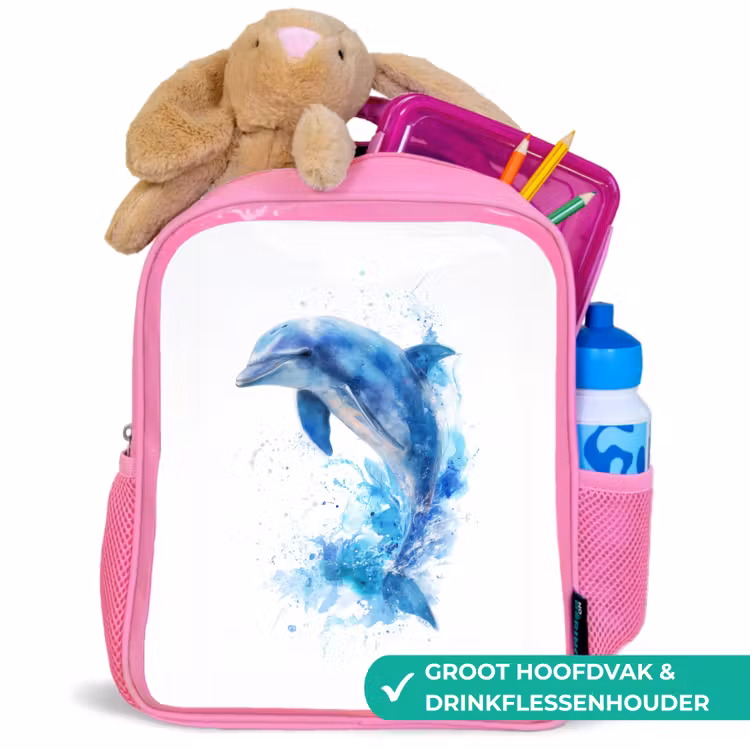 Kinderrugzak - Roze - Springende dolfijn in aquarelspetters — 2
