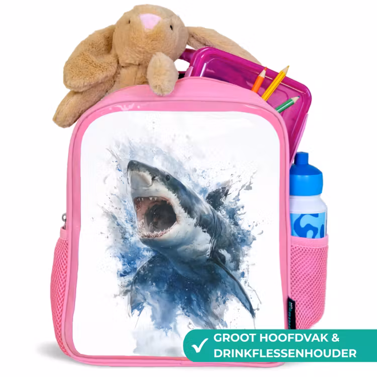 Kinderrugzak - Roze - Uitspringende haai met opengesperde bek in aquarelstijl β 2
