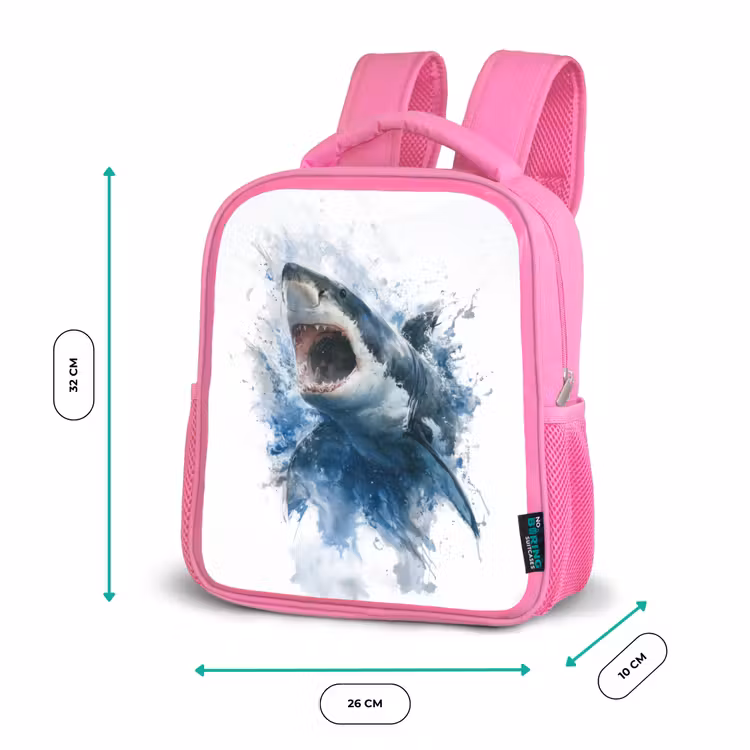 Kinderrugzak - Roze - Uitspringende haai met opengesperde bek in aquarelstijl β 3