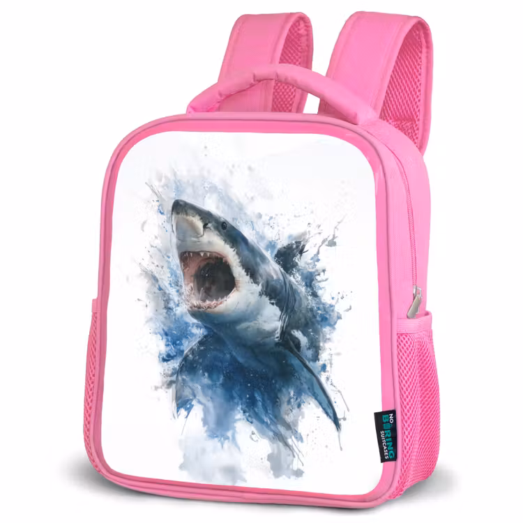 Kinderrugzak - Roze - Uitspringende haai met opengesperde bek in aquarelstijl β 4