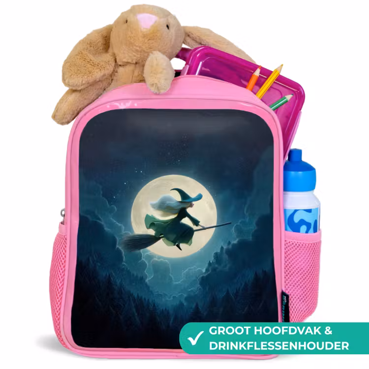Kinderrugzak - Roze - Vliegende heks voor volle maan boven donker woud — 2