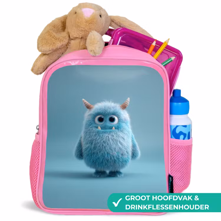 Kinderrugzak - Roze - Zacht pluizig monster met hoorns en grote ogen — 2