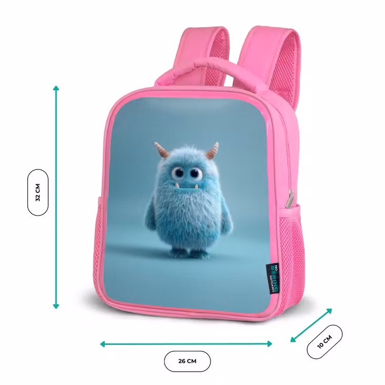 Kinderrugzak - Roze - Zacht pluizig monster met hoorns en grote ogen — 3