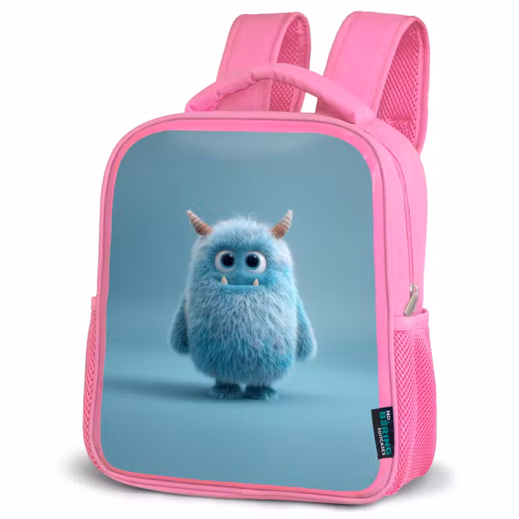 Kinderrugzak - Roze - Zacht pluizig monster met hoorns en grote ogen — 4