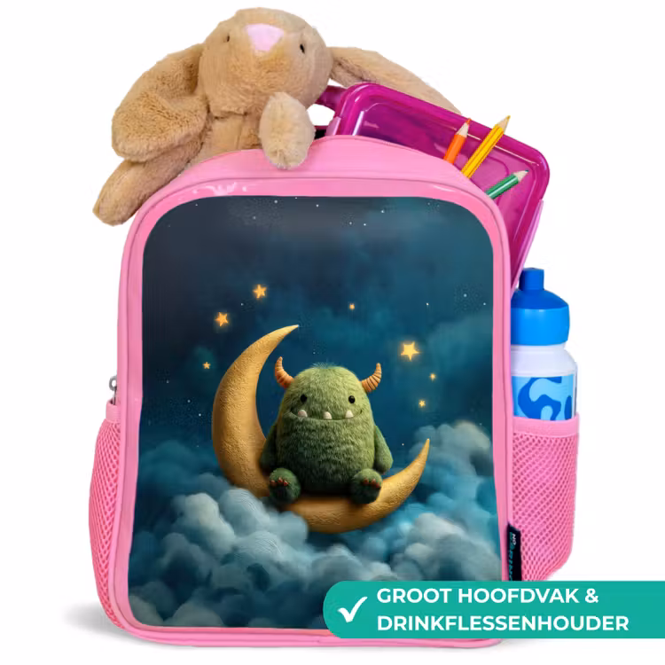Kinderrugzak - Roze - Groen pluismonster op maansikkel tussen dromerige wolken — 2