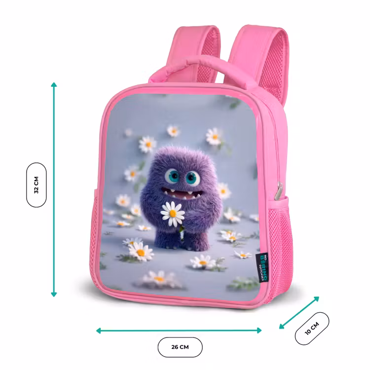 Kinderrugzak - Roze - Lief paars pluismonster met madeliefje — 3
