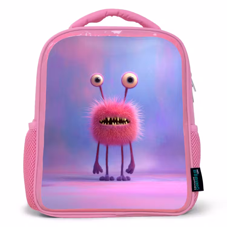 Kinderrugzak - Roze - Pluizig roze monster met priemende ogen en scherpe tanden — 1
