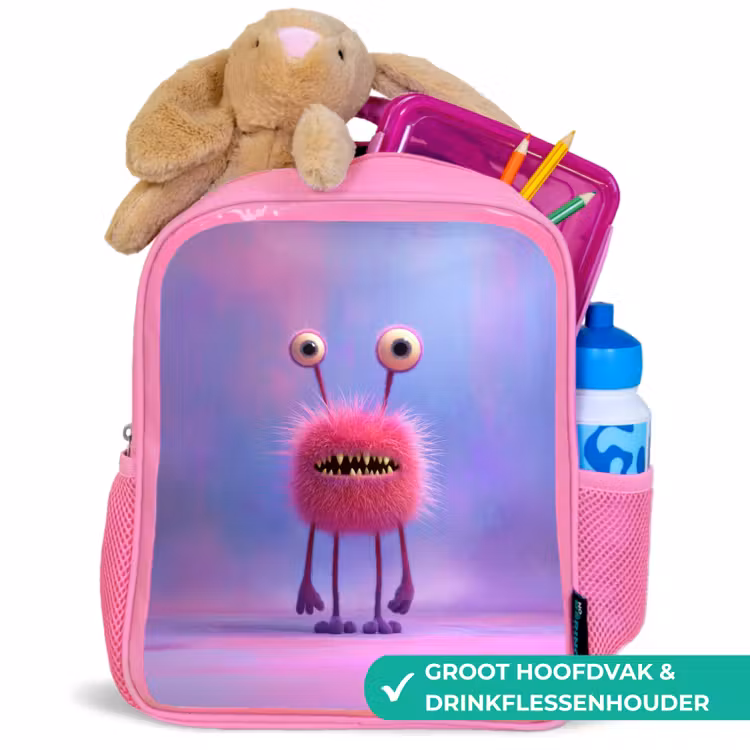 Kinderrugzak - Roze - Pluizig roze monster met priemende ogen en scherpe tanden — 2