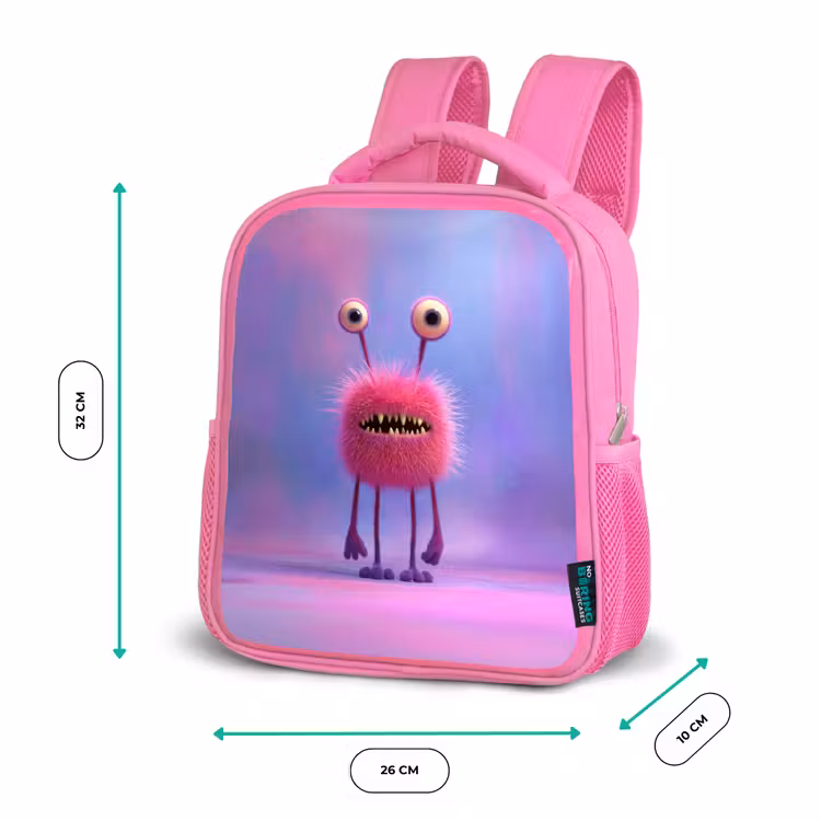 Kinderrugzak - Roze - Pluizig roze monster met priemende ogen en scherpe tanden — 3