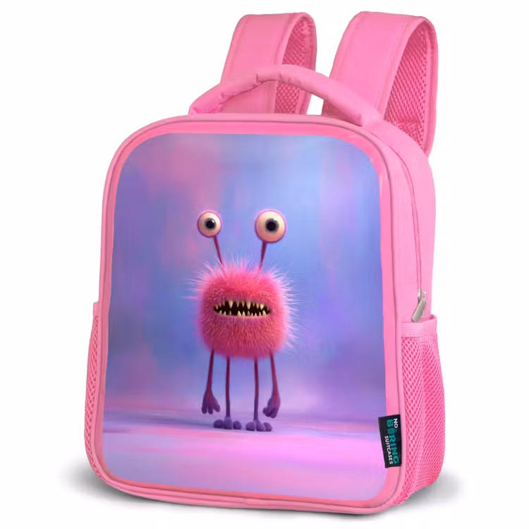 Kinderrugzak - Roze - Pluizig roze monster met priemende ogen en scherpe tanden — 4