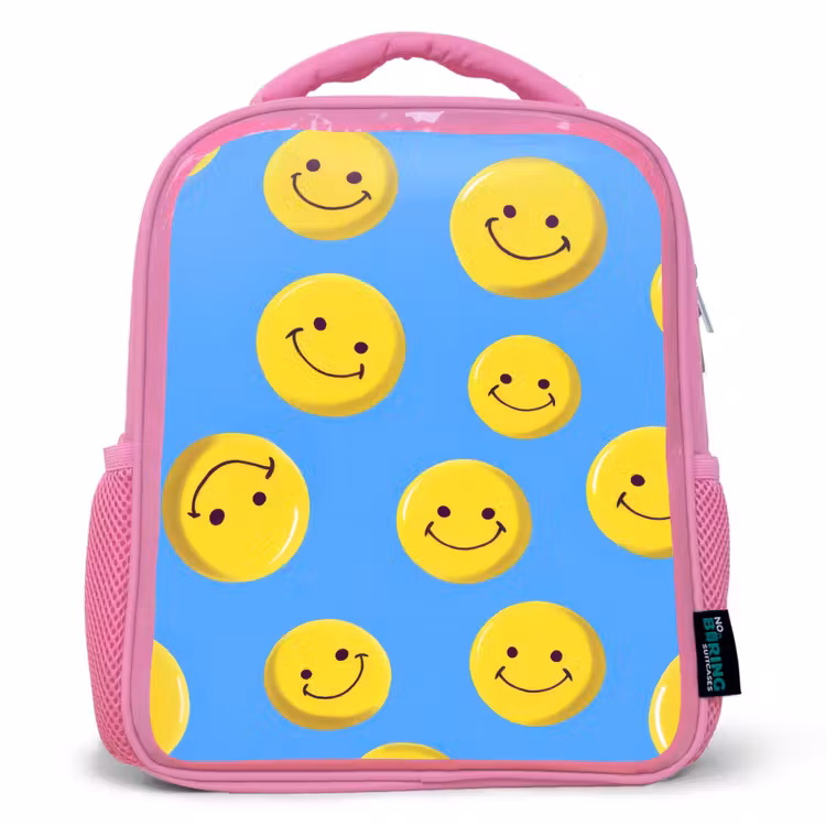 Kinderrugzak - Roze - Vrolijke smileyregen op blauwe achtergrond â 1