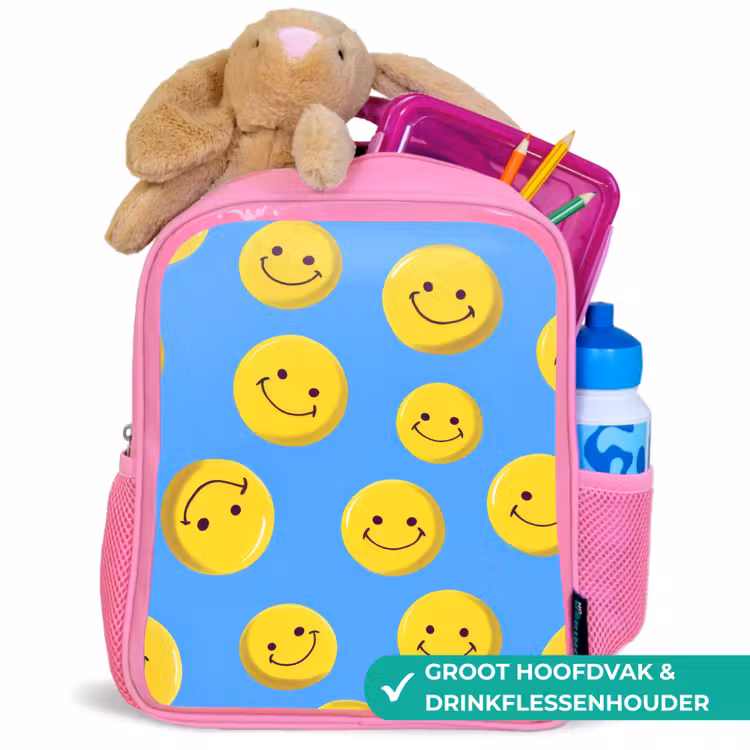 Kinderrugzak - Roze - Vrolijke smileyregen op blauwe achtergrond â 2