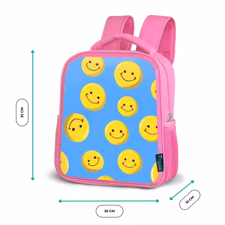 Kinderrugzak - Roze - Vrolijke smileyregen op blauwe achtergrond â 3
