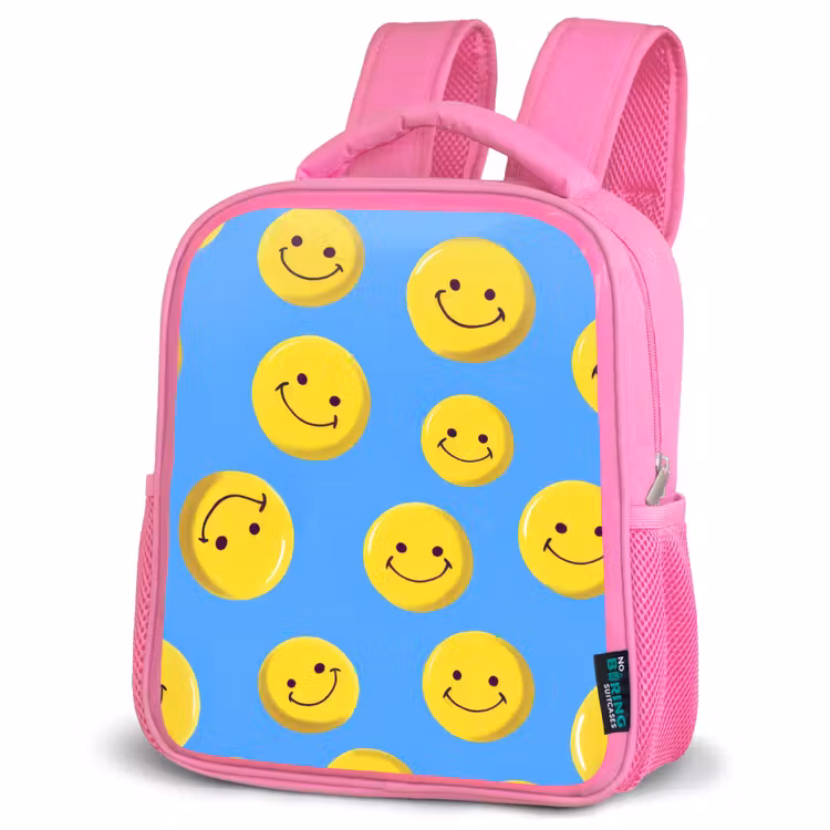 Kinderrugzak - Roze - Vrolijke smileyregen op blauwe achtergrond â 4
